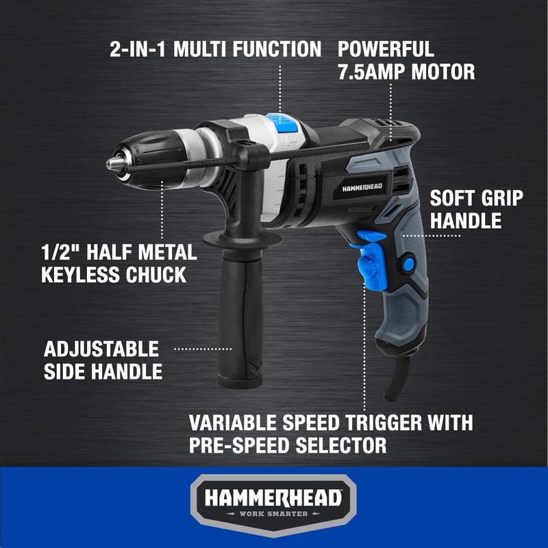 Hammerhead 7.5-Amp 1/2 Inch Variable Speed Hammer Drill with 6pcs Bit - HAHD075 - Image 3